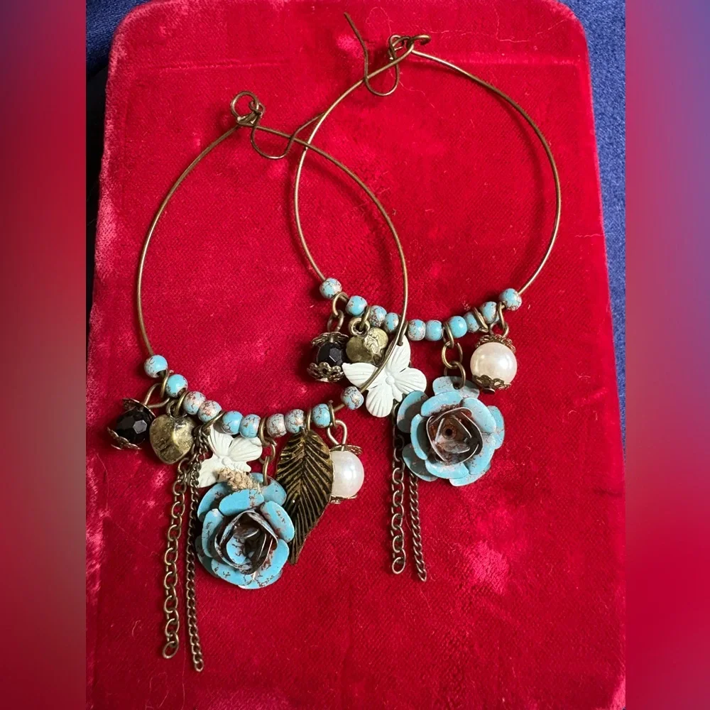 SOLD Earrings Large Hoop Dangle With Charms Rose Floral - Picture 1 of 4